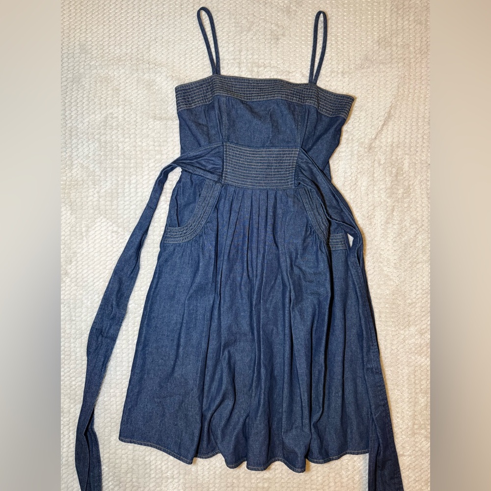 Strapless Dark Blue Denim Midi Dress with Tie Waist
